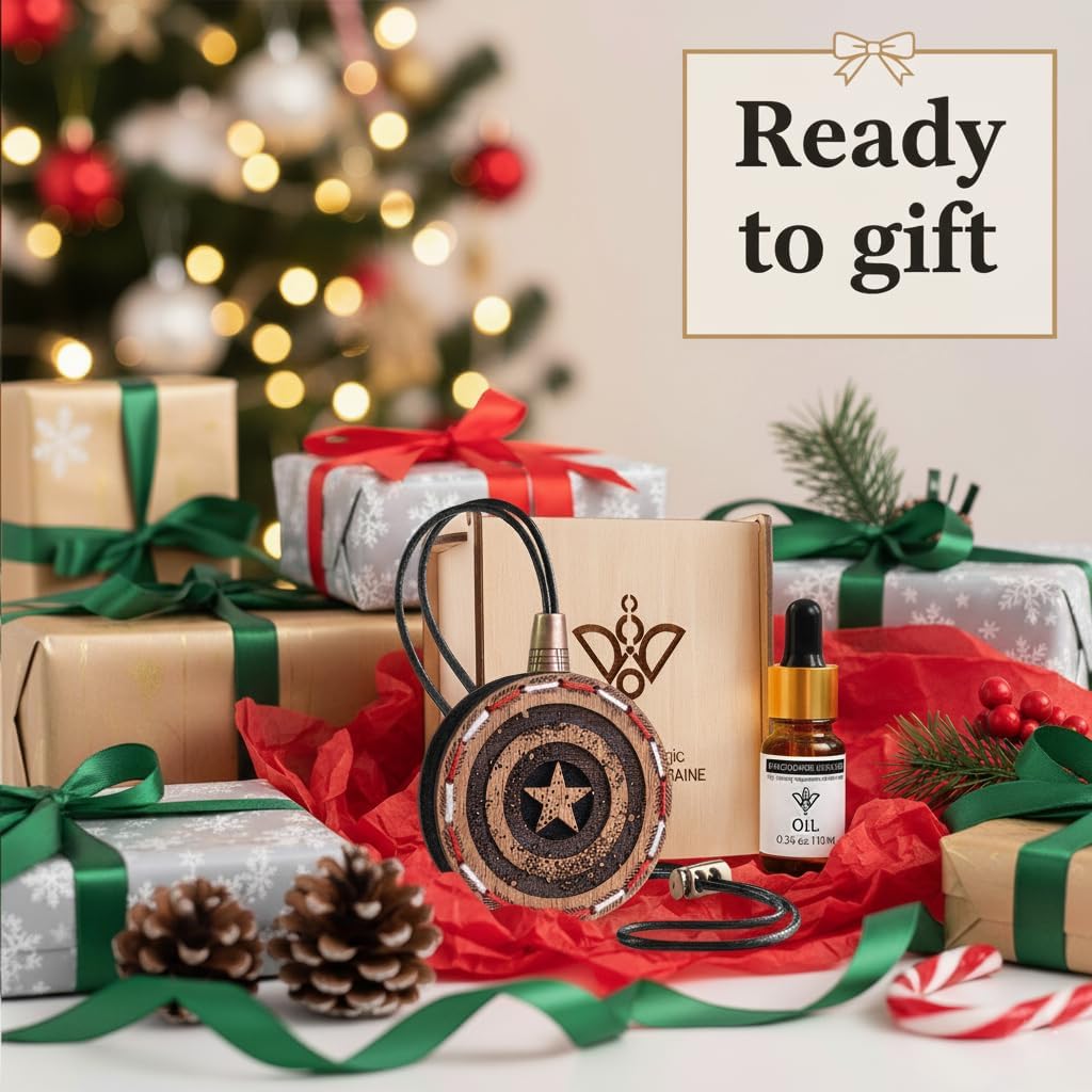 Wood Car Air Freshener — Handmade Car Air Freshener — Captain Shield Designed Fragrance Oil Diffuser in Wooden Gift Box — Aromatherapy Gift Set with Ocean Breeze Fragrance Oil - 10 ml