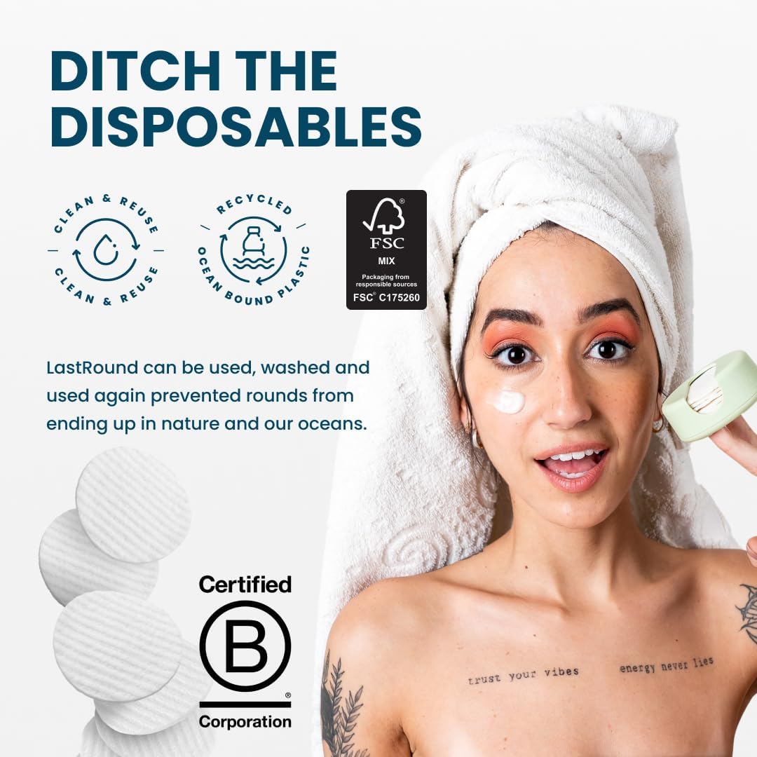 LastRound® 7 Sustainable Reusable Cotton Rounds for Facial Cleansing – Zero-Waste Eco-Friendly Makeup Remover Pads for All Skin Types with Travel Storage Case