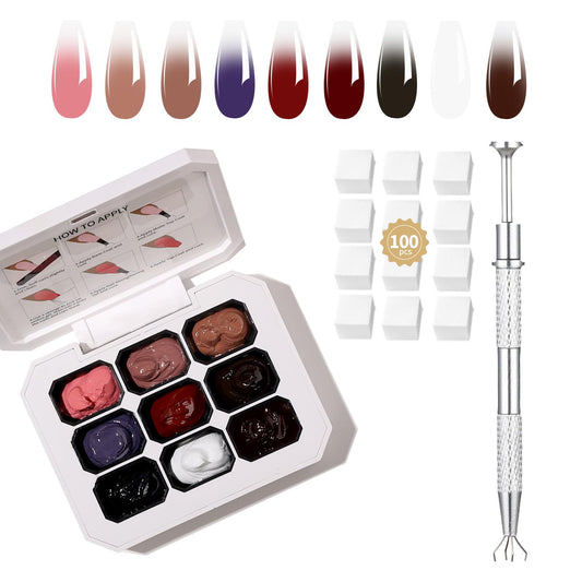 9 Colors Set Ombre Gel Nail Polish,Ombre Paint Nail Gel for Nails with 100Pcs Nail Sponges for 3D Nail Art in Salon or Home Use (omber-03)