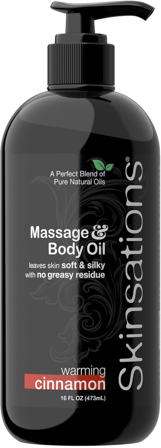 Skinsations - Cinnamon Massage Oil for Massage Therapy - 16oz | Naturally Warming Body Oil for Comfort & Aromatherapy | Sweet Almond, Coconut, Jojoba & Grapeseed Oils