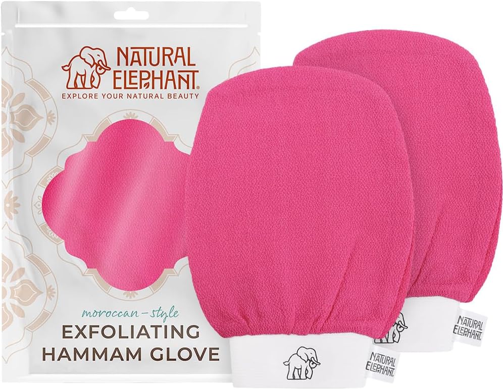 Natural Elephant Exfoliating Hammam Glove | Authentic Moroccan Kessa Body Scrub Mitt for Spa-Quality Skin Renewal | Pink Tulip 2 Pack