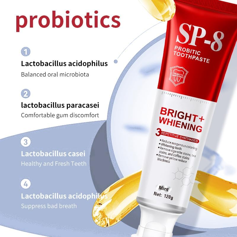 SP-8 Probiotics Whitening Toothpaste - Probiotics for Teeth Whitening and Gum Health - Enamel-Safe, Fluoride-Free, Double Mint Flavor,Fresh Breath-2pcs