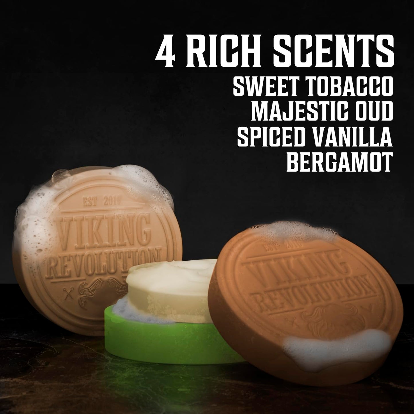 Viking Revolution Shaving Soap for Men - Shave Soap for Use with Shaving Brush and Bowl for Smoothest Wet Shave, Shaving Soap Puck - 4 Pack Variety, Each Pack 2.5oz (Vanilla, Bergamot, Tobacco, Oud)