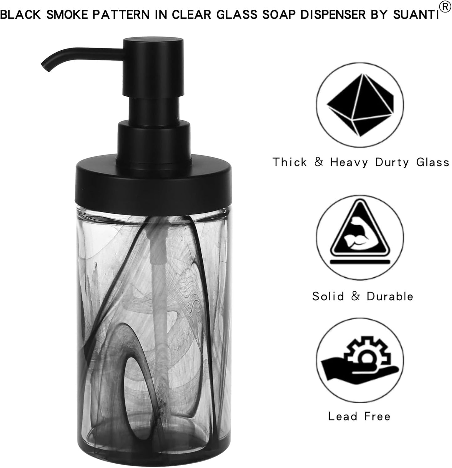 2-Pack Glass Soap Dispenser Set, 12.5 Oz Black Moire Pattern, Wide Mouth Easy Refill, Lead-Free Thick Glass Bottle with Matte Black Pump for Kitchen, Bathroom Sink Decor