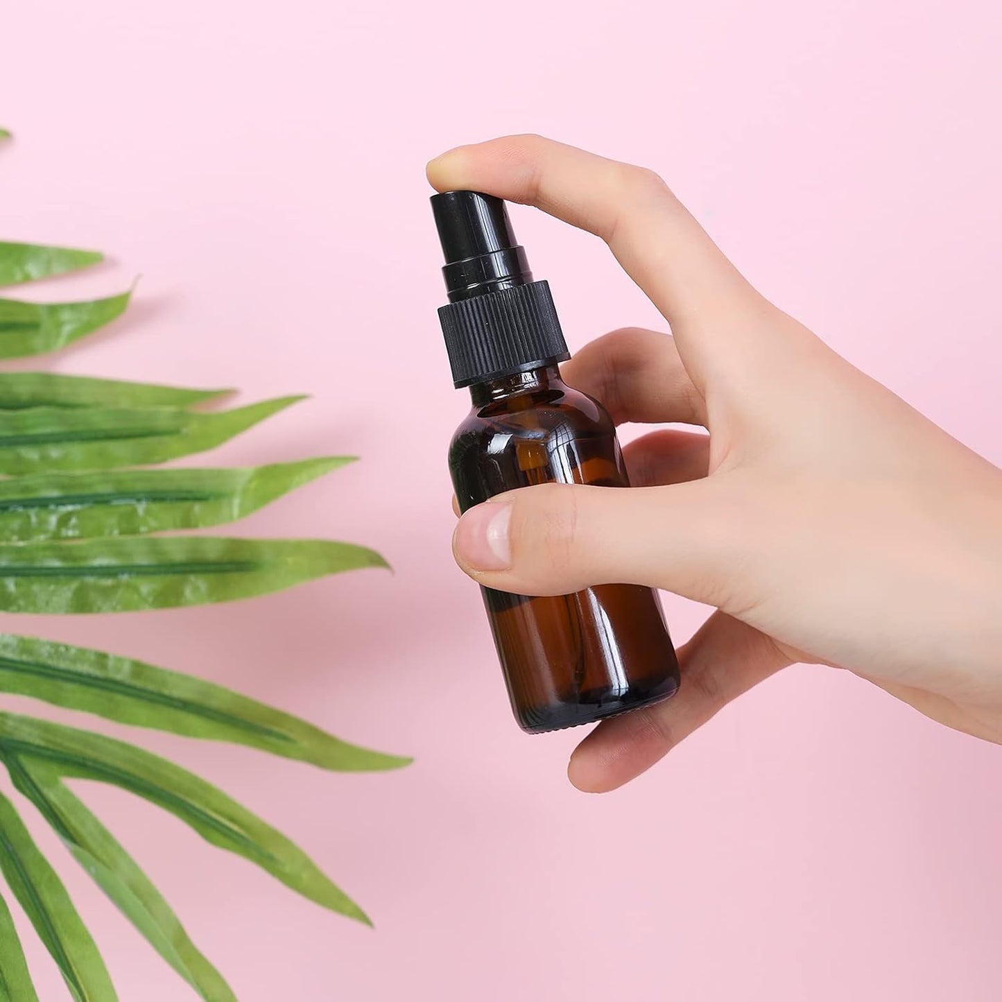 2oz Glass Spray Bottle, Fine Mist Boston Glass Bottles with Black Fine Mist Sprayer Small Clear Bottles for Essential Oils, Bath, Beauty, Hair & Cleaning, Amber, Pack of 24