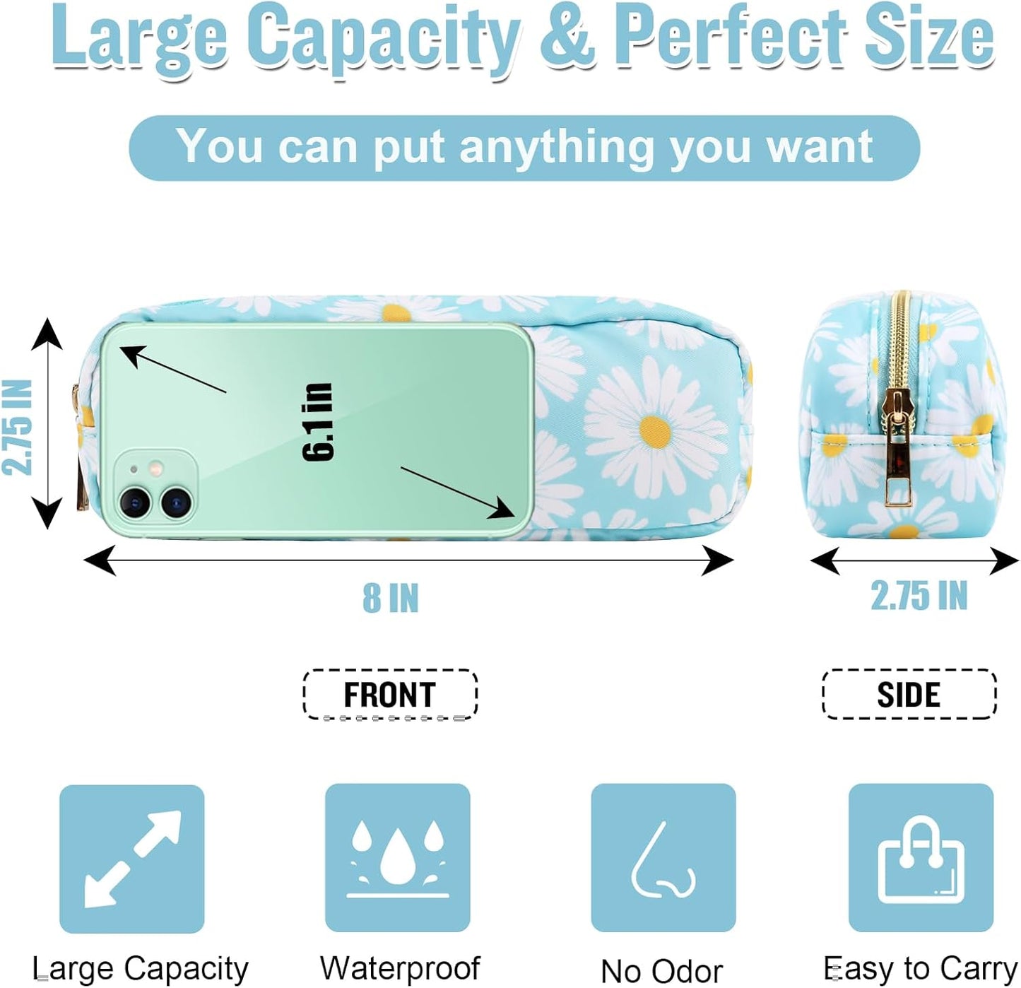 Nylon Small Floral Makeup Bag, Slim Preppy Cute Makeup Brush Case, Waterproof Travel Toiletry Bag, Coin Pouch Make Up Organizer for Women (Blue-Daisy)