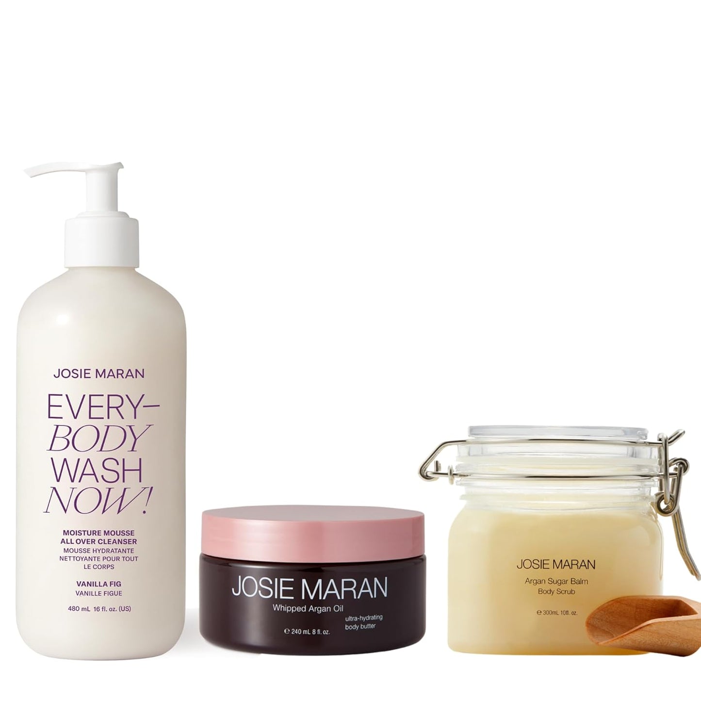 Josie Maran Body Care Trio Gift Set - 3-Piece Kit Includes EveryBODY Wash, Whipped Argan Body Butter & Sugar Balm Body Scrub - Exfoliates, Cleanses & Nourishes Skin - Vanilla Fig (3 Count)