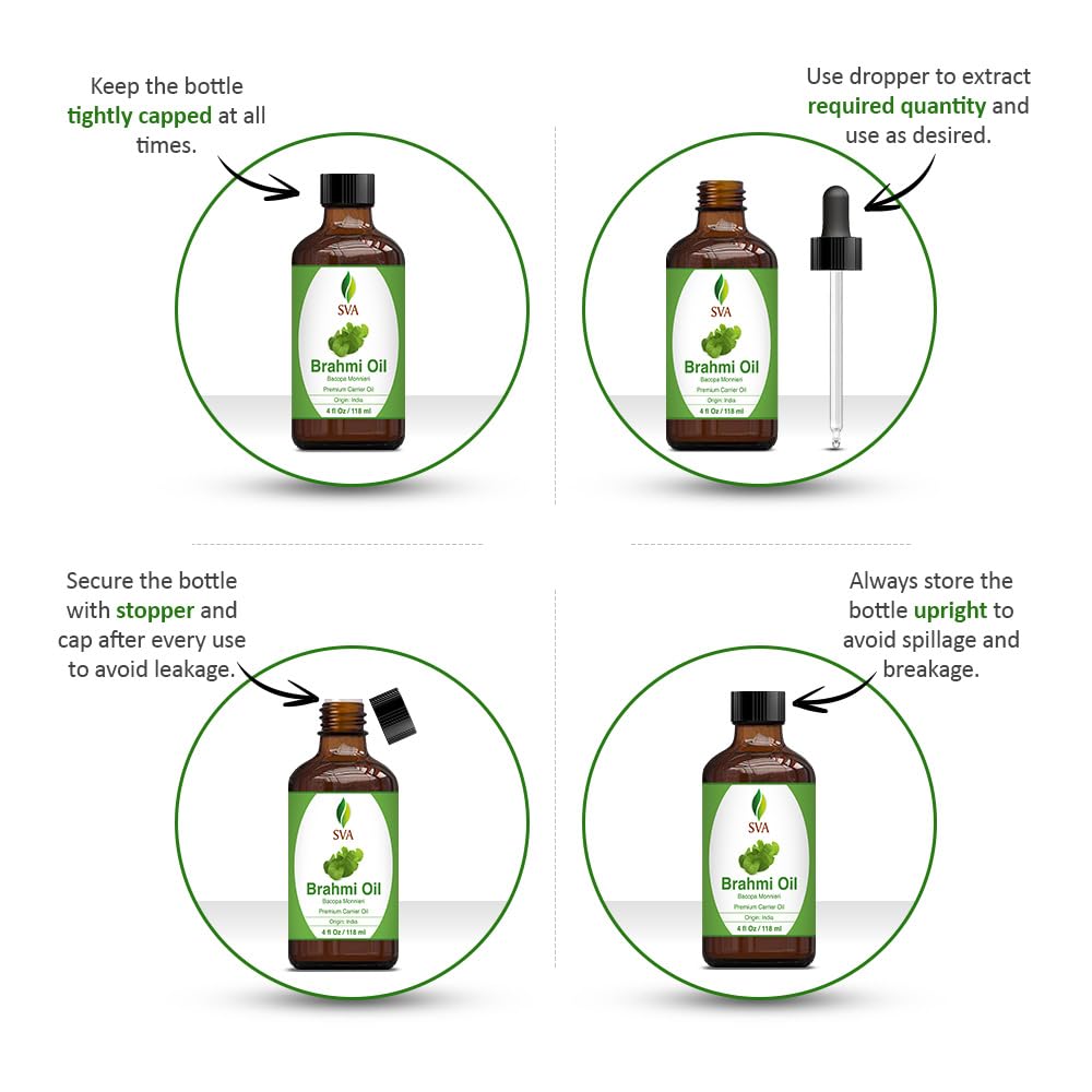 SVA Brahmi Oil - 4 Fl Oz – 100% Natural Cold Pressed Brahmi Oil - for Face, Skin Care, Hair Care, Scalp Massage & Body Massage – Carrier Oil with Dropper