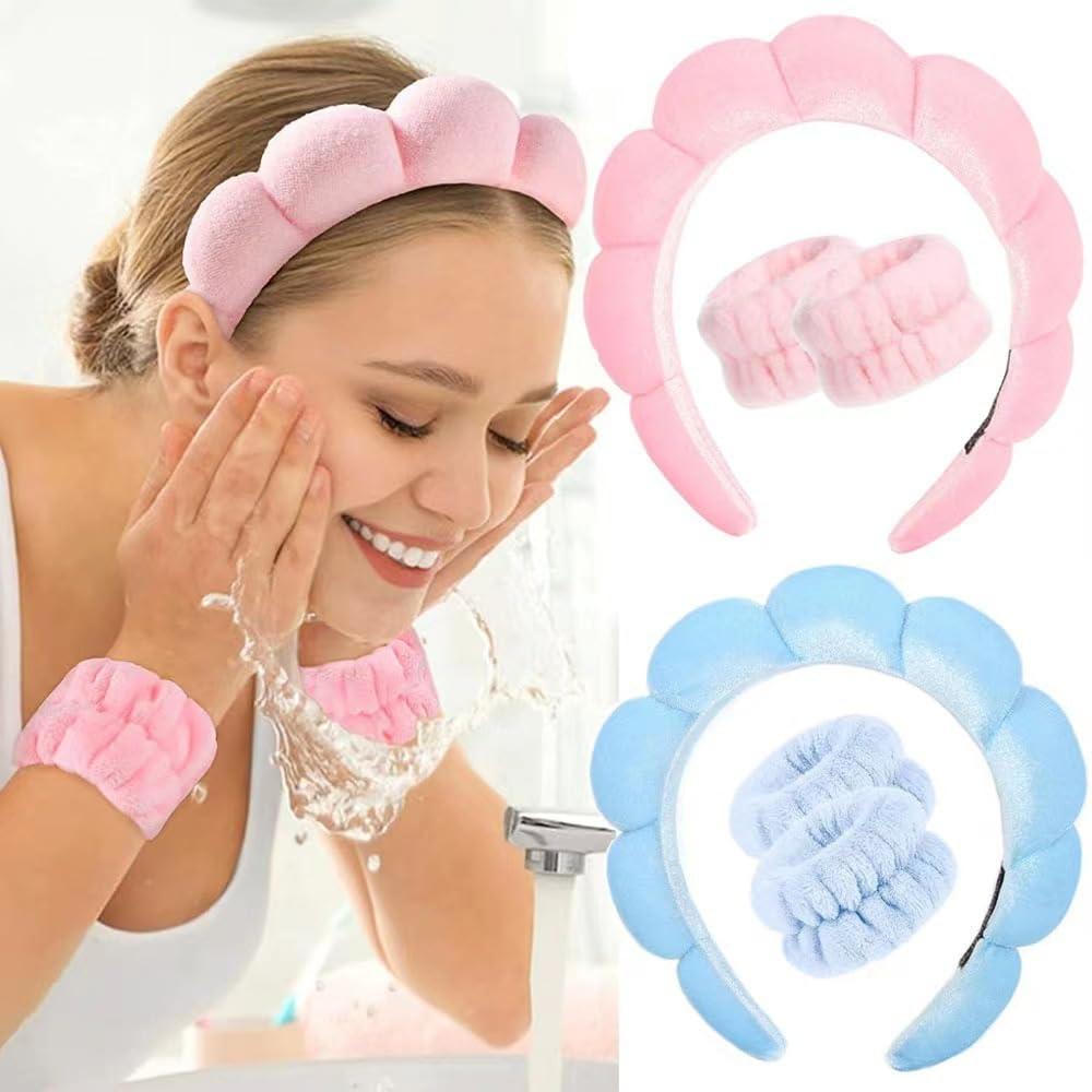 Esther Spa Headband and Wristbands Set with Hair Clip and Scrunchies,Skincare Headbands for Washing Face and Makeup,Trendy Stuff Hair Accessories for Women in Gift Box (Pink)