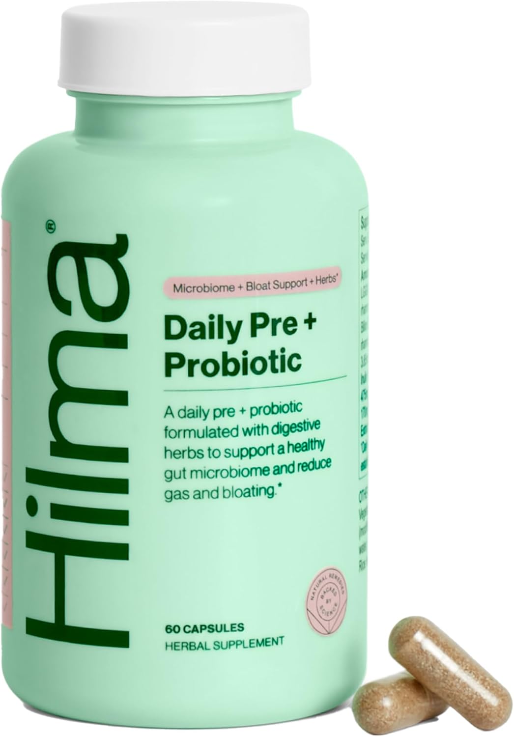 Hilma Pre and Probiotic with Herbs - Support Gut Health with Prebiotics and Probiotics, Plus Gas and Bloating Relief for Women & Men, 60 Vegan Capsules