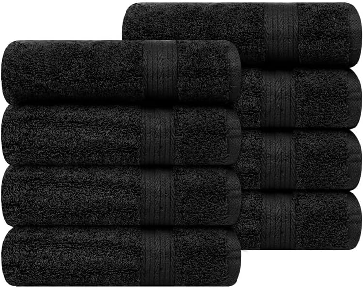 Ample Decor Hand Towel 18 X 28 Inch Pack of 8 600 GSM 100% Cotton,Oeko Tex Certified Soft Absorbent Thick Durable Premium Quality, for Hotel, Bathroom,Spa, Daily Use,Gym -Machine Washable-Black