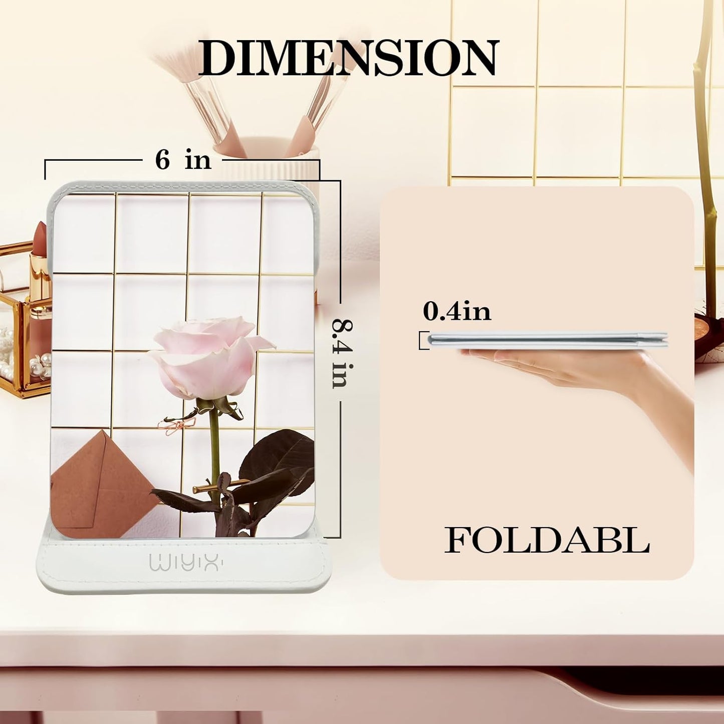 Foldable Travel Makeup Mirror, Adjustable Angle Portable Standing Vanity Mirror, Compact PU Leather Design for Home/Camping/Desktop Use,Elegant White(8.4"x6")