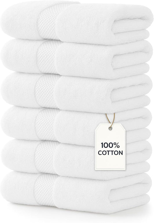 Luxury Hand Towels Set of 6 – 16x30, 550 GSM Ultra-Plush Cotton | Thick, Absorbent, Quick Dry | Hotel & Spa Quality White Towels
