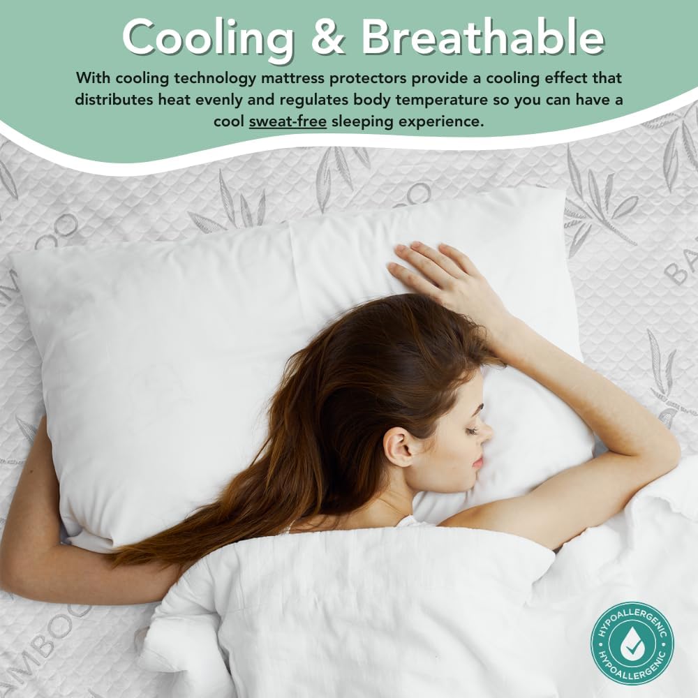 Bamboo Rayon Mattress Protector with Zipper + 2 Pillow Protectors - 100% Waterproof Cooling Full Size Cover - Ultra Soft Fabric Breathable Noiseless Mattress Pad Covers Zippered Encasement