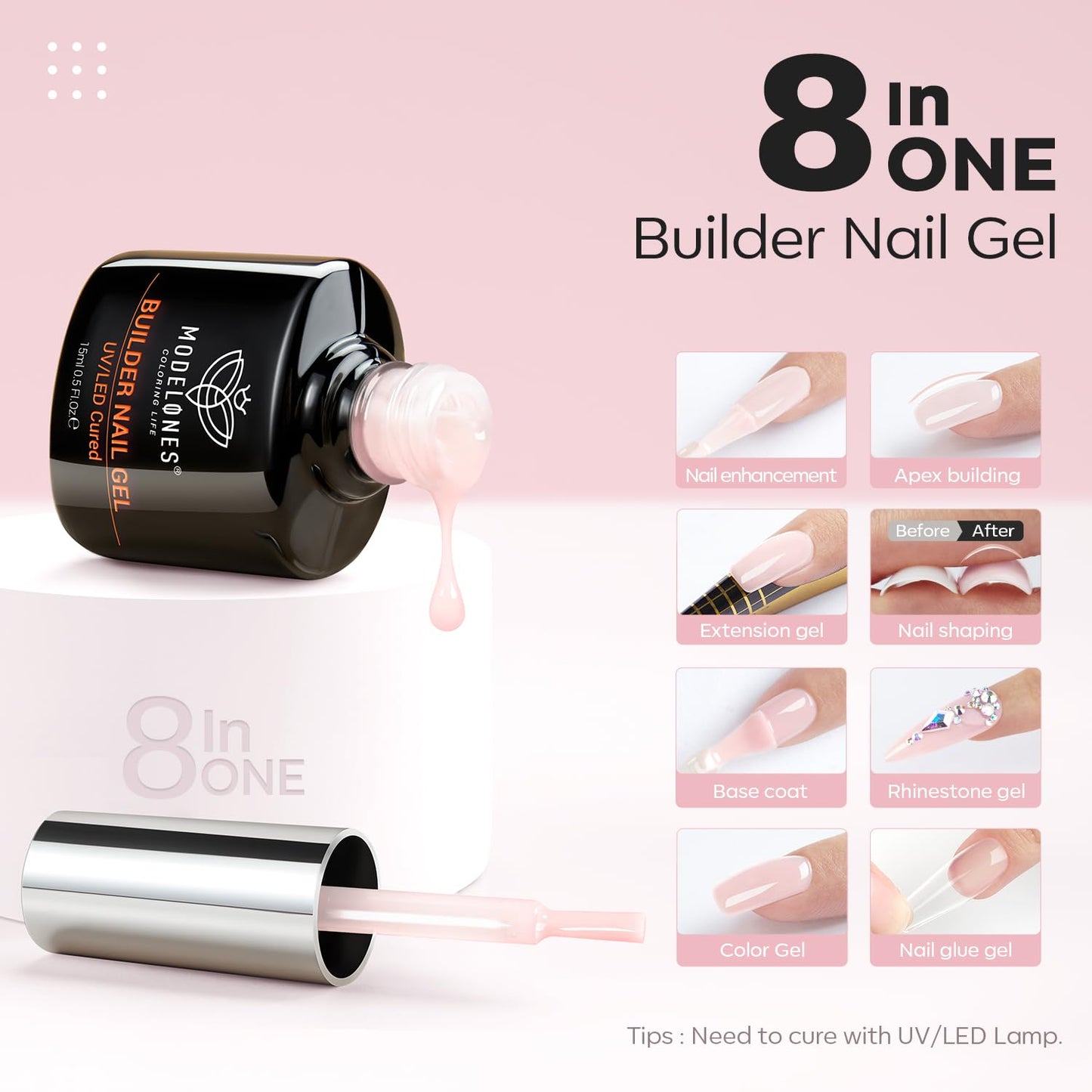 modelones Builder Nail Gel, 8-in-One Cover Nude Builder, LED Lamp Cured Thickening Apex Building Strengthener Extension Rubber Color Base Gel Polish Glue in a Bottle for Home DIY Salon Girls