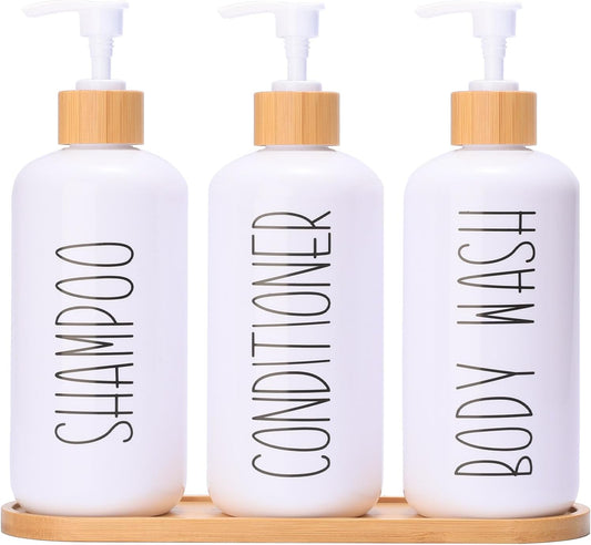 MOMEEMO White Shampoo and Conditioner Dispenser Set, Contains 3 Extra-Thick PET Plastic Bottles, Refillable Shampoo and Conditioner Bottles Perfect for Farmhouse Bathroom Decor. (White)