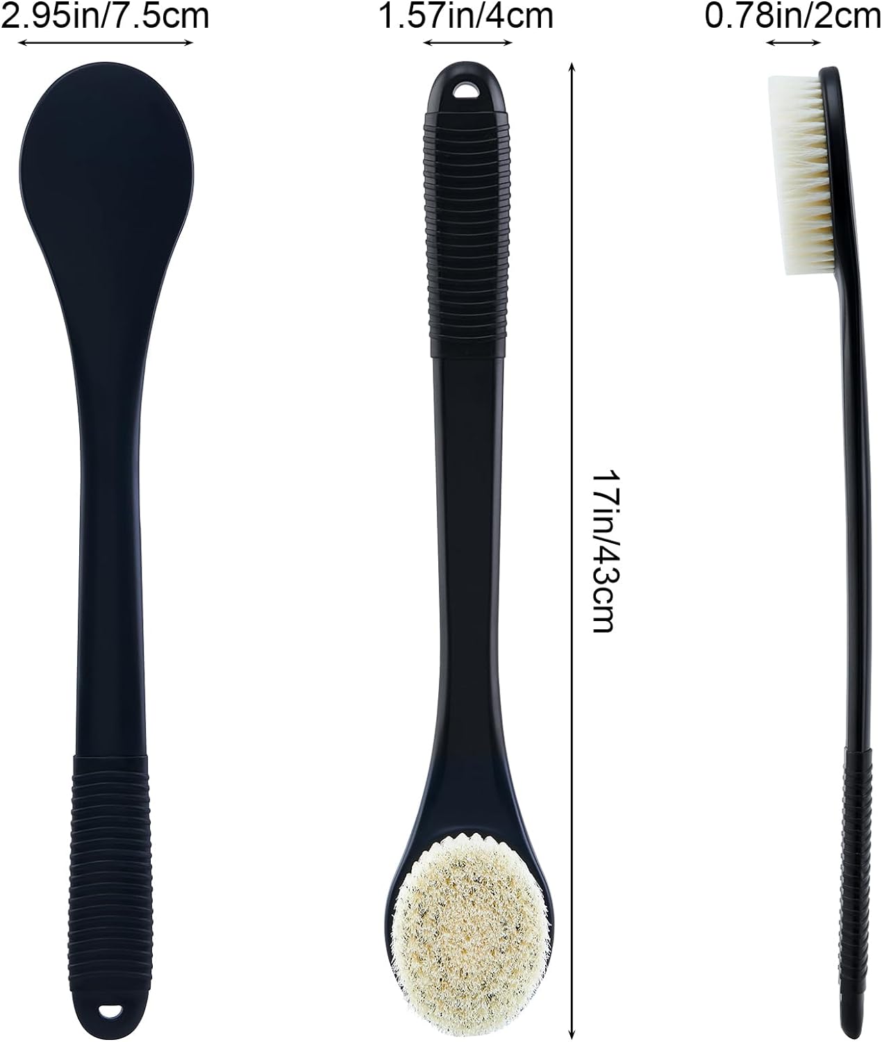 Back Scrubber for Shower, Shower Body Brush for Cleaning with Long Handle for Showering, 17 Inch Back Washer Exfoliator for Shower Men Women with Non-Slip Handle, Adhesive Hook (Black)