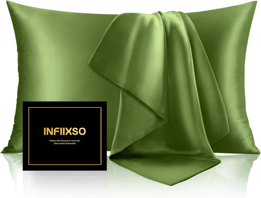 INFIIXSO Silk Pillow Cases 2 Pack Standard Size, Ultra Smooth & Soft Mulberry Silk Pillow Case for Hair and Skin, Breathable Cooling Silk Pillowcase with Hidden Zipper (Cedar Green, 20x26 Inches)