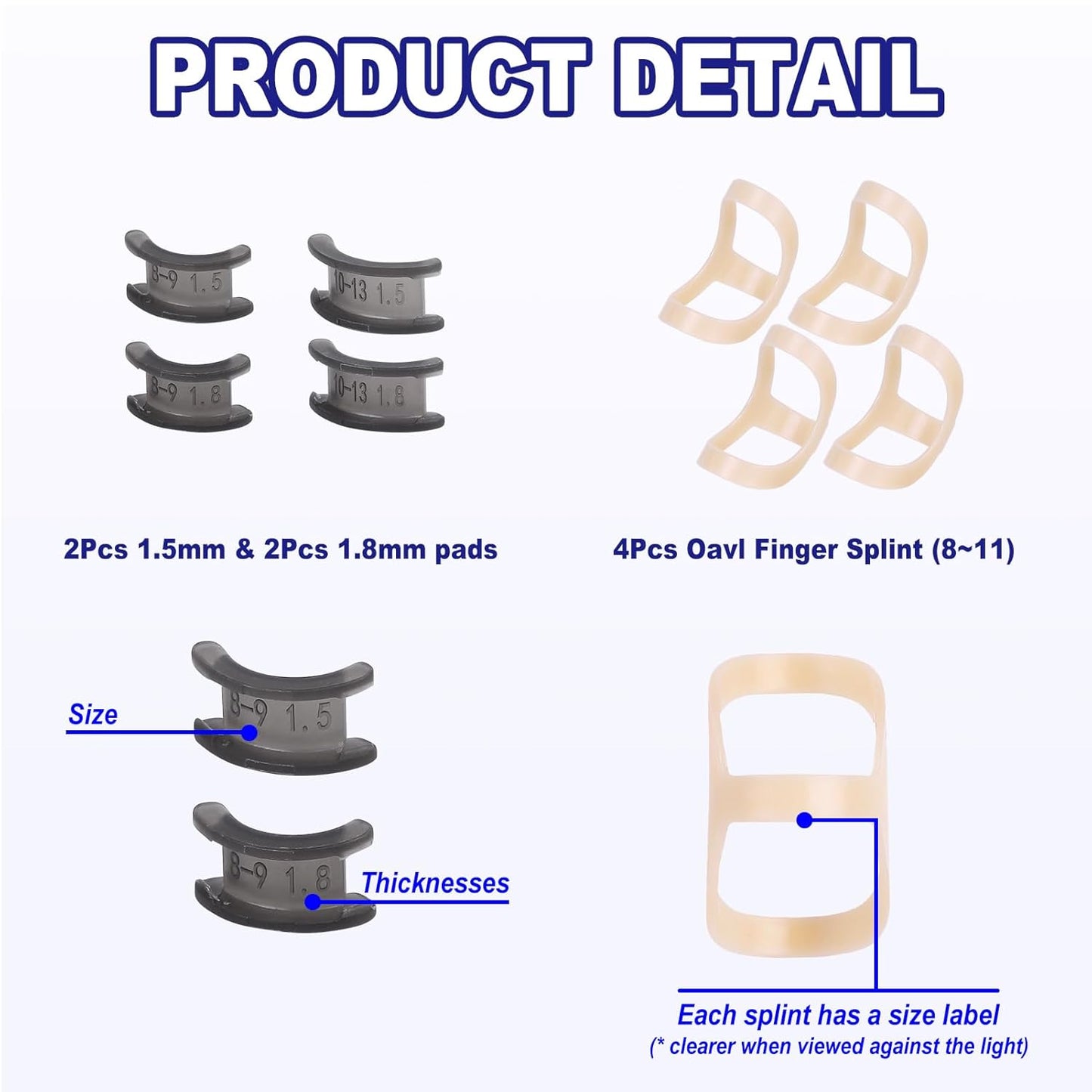 8Pcs Oval Finger Splints & Click-Lock Adjustment Kit, 4 Graduated Finger Ring Splint & 4 Splint Adjustment, Finger Braces for Arthritis, Mallet, Straightening, Support (Size 8-11)