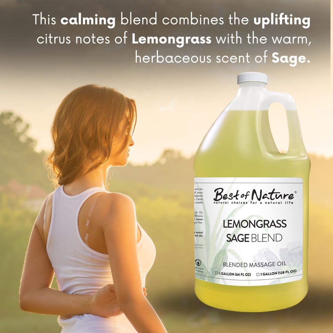 Best of Nature Lemongrass and Sage Massage Oil Blend - Non-Greasy Aromatherapy Massage Oil for Body, Skin & Face, Crafted with Pure Essential Oils, Half Gallon (64 fl oz)