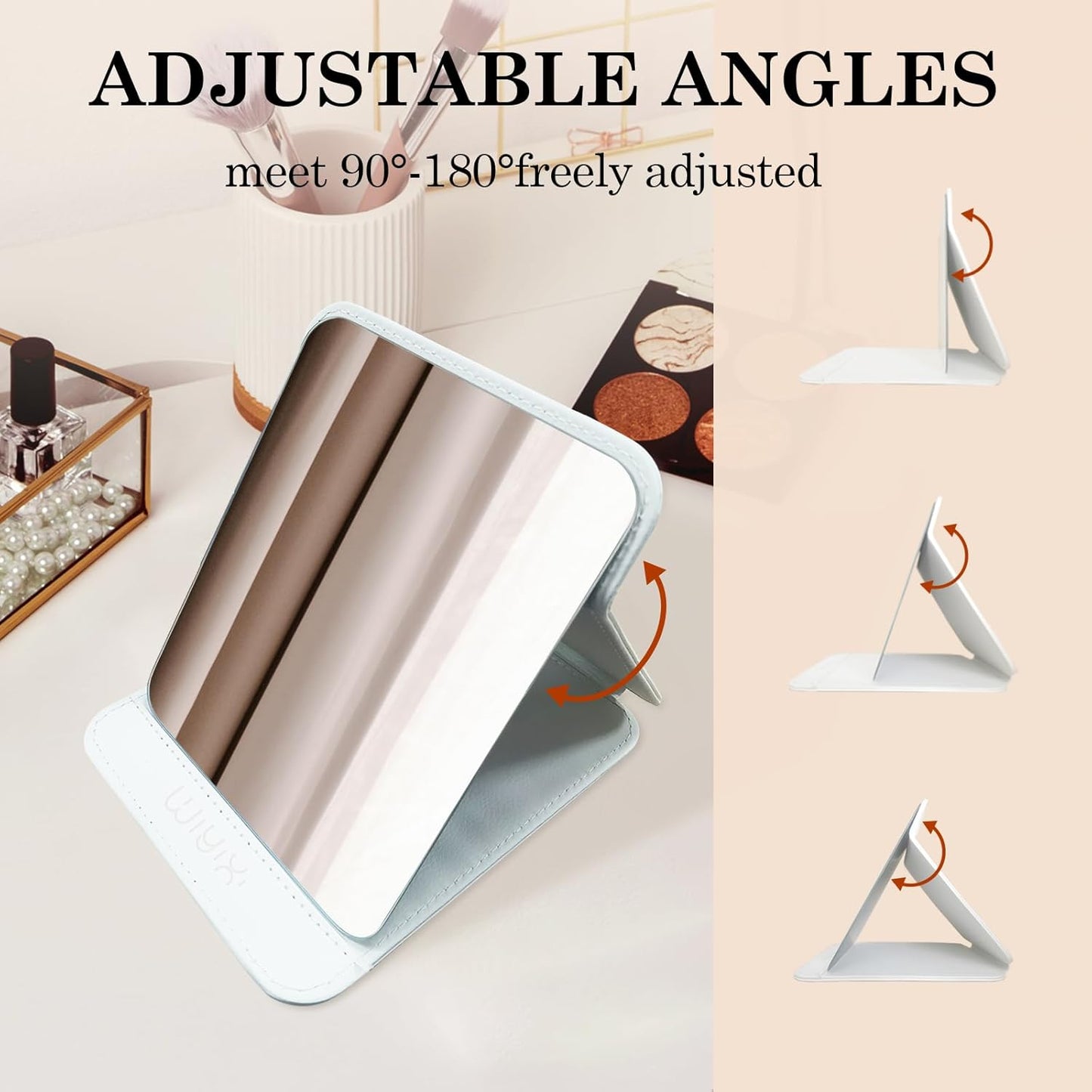 Foldable Travel Makeup Mirror, Adjustable Angle Portable Standing Vanity Mirror, Compact PU Leather Design for Home/Camping/Desktop Use,Elegant White(8.4"x6")