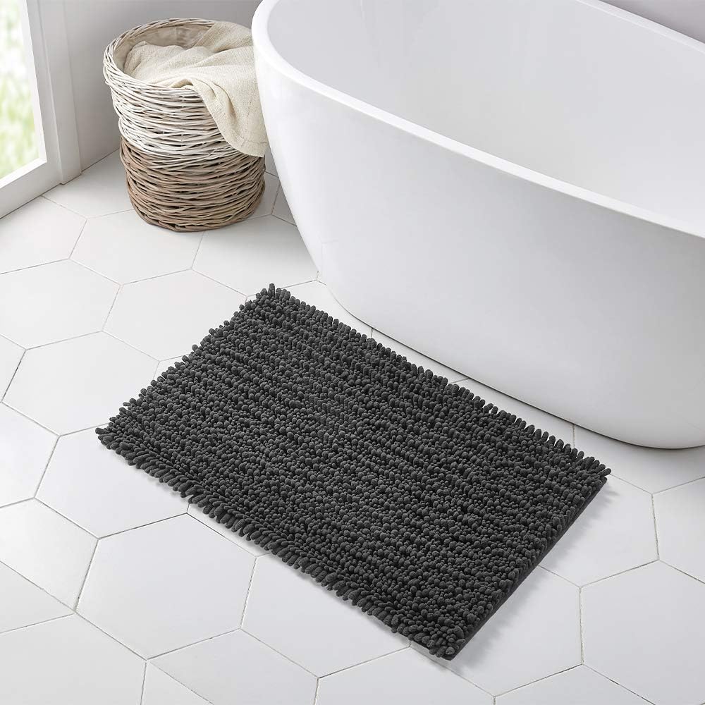 Walensee Bathroom Rug Non Slip Bath Mat (32x20 Inch Dark Grey) Water Absorbent Super Soft Shaggy Chenille Machine Washable Dry Extra Thick Perfect Absorbant Best Large Plush Carpet for Shower Floor