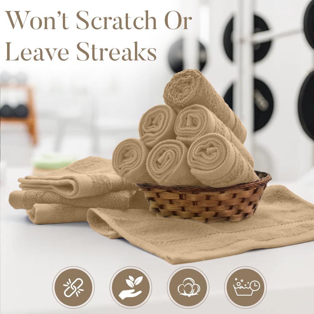 DAN RIVER 12-Pack Premium 100% Cotton TAN Face Towels – Reusable Face Towel Set, Soft & Absorbent wash Cloths for Body – Hand and Face Towels, 550 GSM (12x12 in)