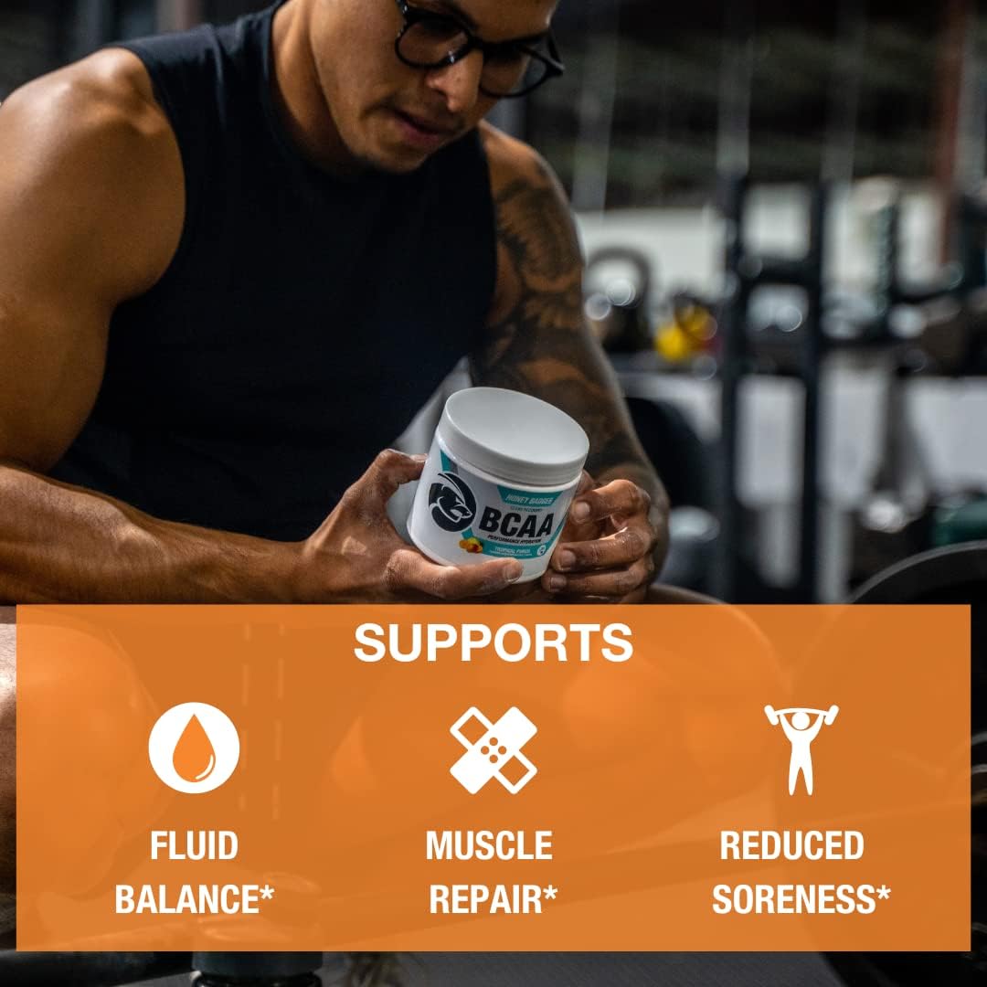 Honey Badger BCAA + EAA Amino Acids Powder, BCAAs + L-Glutamine, Keto, Vegan, Sugar Free for Men & Women, Hydration & Post Workout Muscle Recovery Drink Mix, Peach Mango, 30 Servings