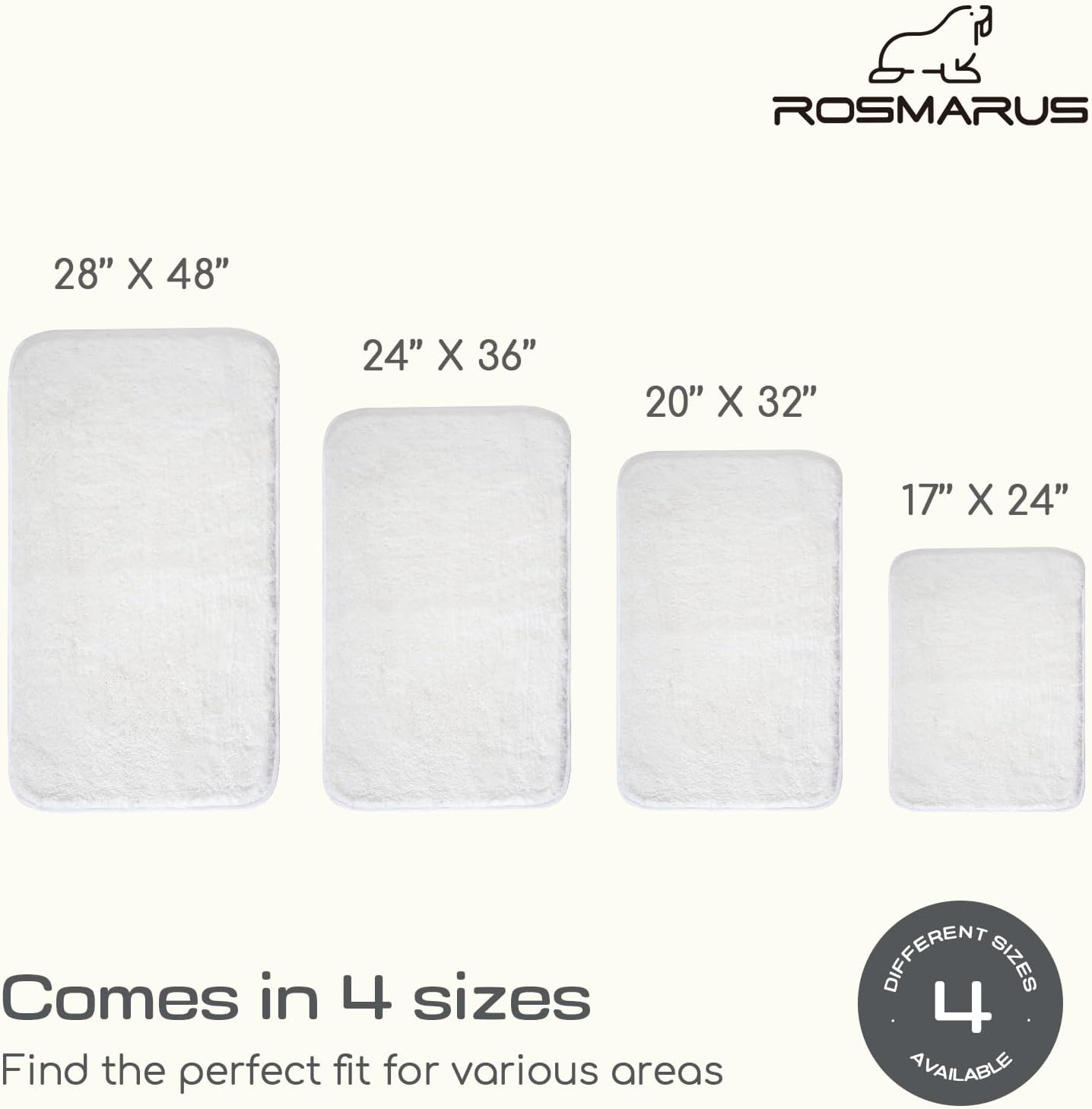 ROSMARUS Shaggy Bath Rugs for Bathroom Non Slip 17" X 24", Water Absorbent Bath Mat, Soft Shower Mat for Bathroom Floor & Tub, Fluffy Plush Rugs Machine Washable, White