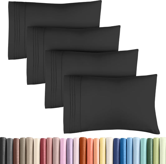 King Pillow Cases Set of 4 - Ultra Soft Hotel Quality Pillowcase Covers - Comfy, Cozy & Wrinkle Free - Shrinkage, Stain and Fade Resistant - Machine Washable Pillow Protectors - 4 Piece Set - Black