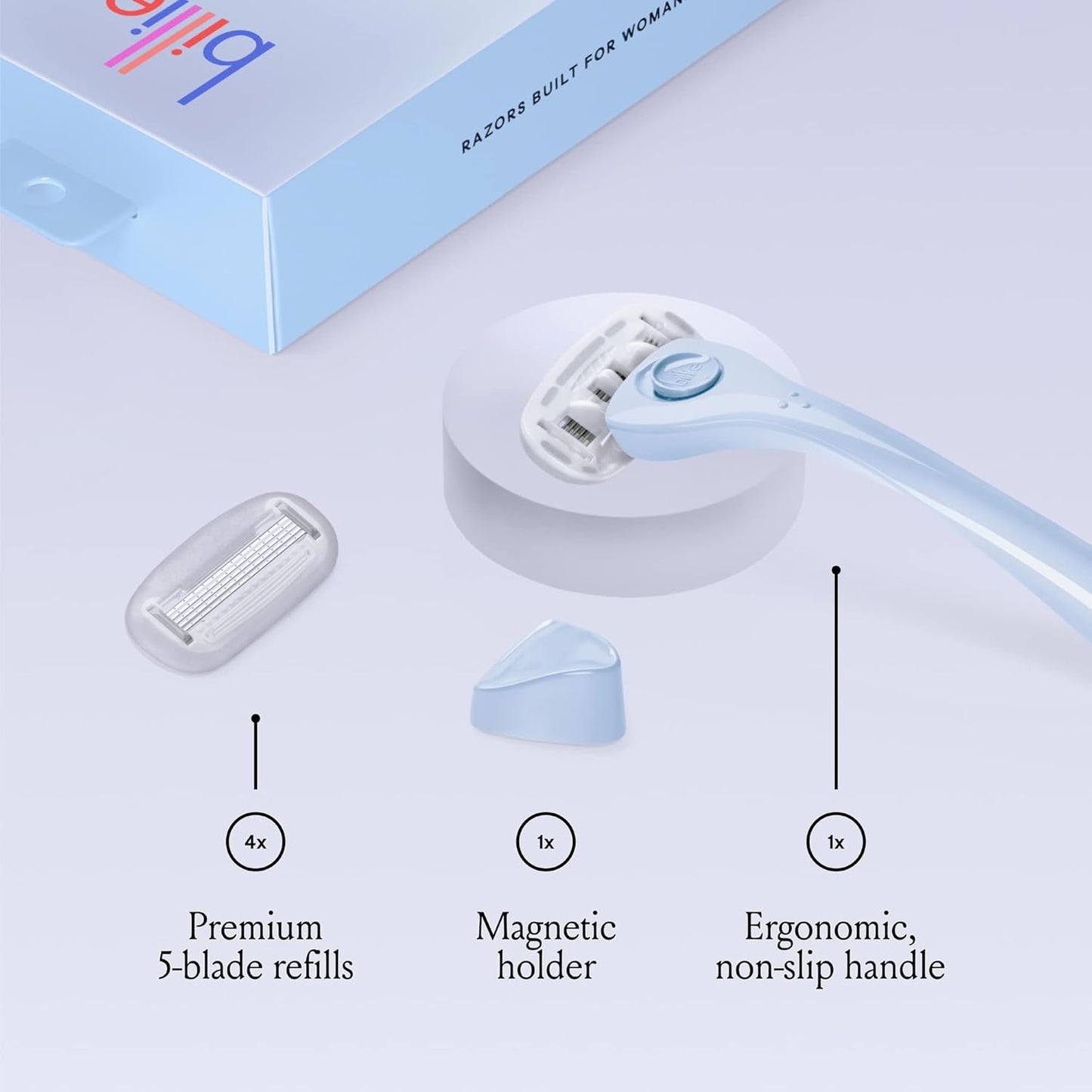 Billie Razors for Women Shave Kit with Women’s Razor, 4 x 5-Blade Razor Refills, Magnetic Holder - Cool Blue and Malibu