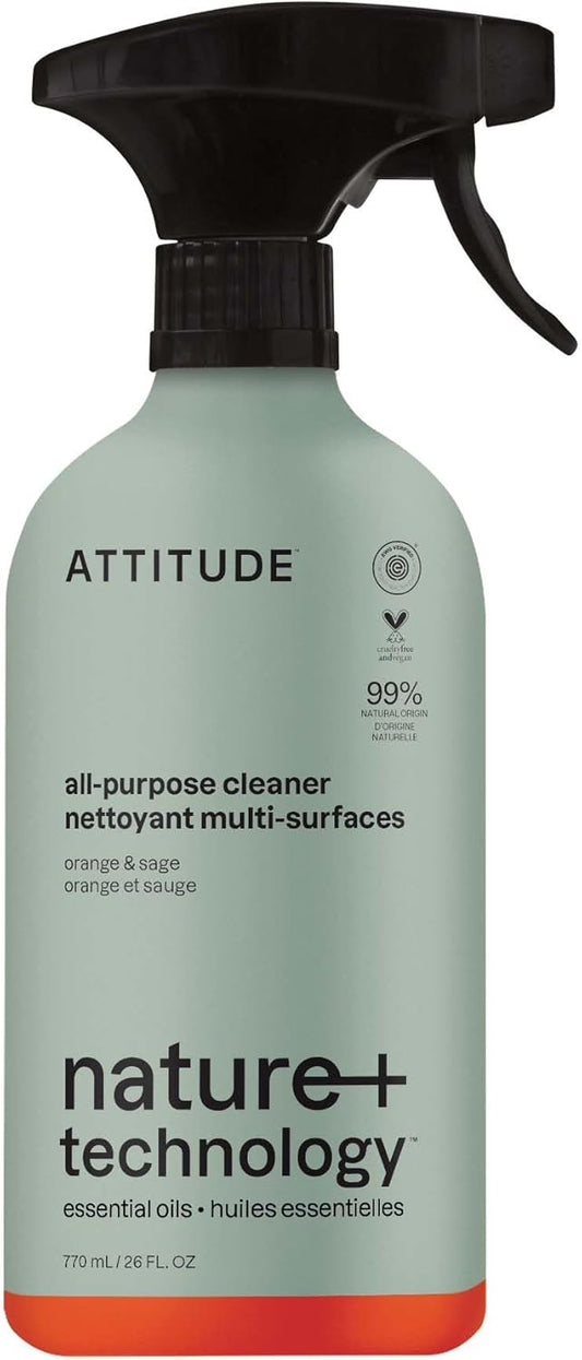 ATTITUDE All-Purpose Cleaner Spray, Plant-Based Ingredients, EWG Verified, Streak Free, Ammonia Free, Removes Fingerprints, Dust and Dirt, Sage & Orange, 26 Fl Oz