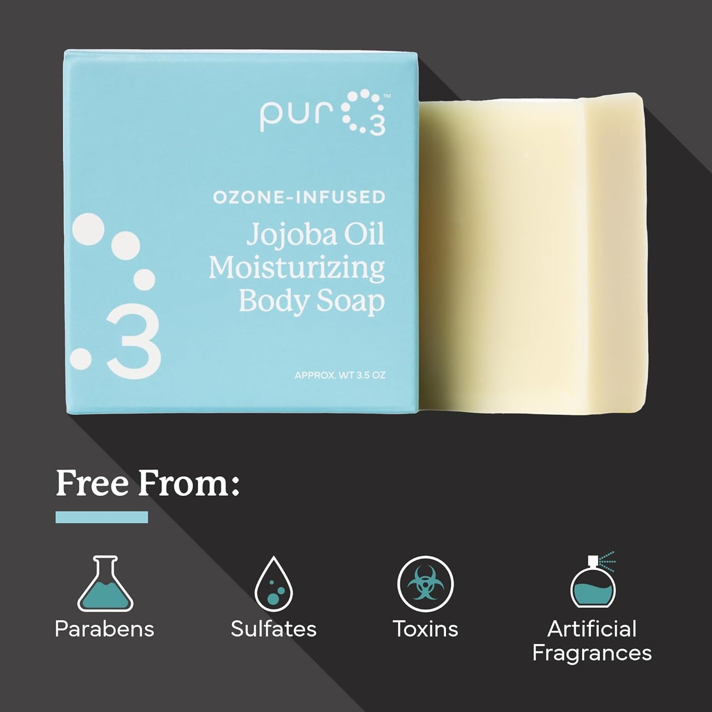 PurO3 Ozonated Jojoba Oil Soap 3-Pack – Handcrafted Organic Body Wash – Natural Vegan Bars for Women & Men – Gentle, Biodegradable, Non Toxic Cleanser for Shower & Bath, 3.5 oz Bar Set