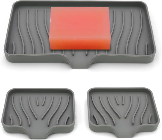 3-Pack Silicone Soap Dish, Sponge Holder for Sink, Kitchen Soap Tray, Bathroom Soap Holder, Sponge Tray with Drain (Grey)