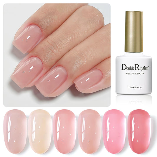 Double Rhythm Gel Nail Polish Set of 6 Colors Baby Light Pastel Milky Nail Polish Starter Kit Art DIY Salon Home (Jelly Sheer Nude Pink White,Kit 36)