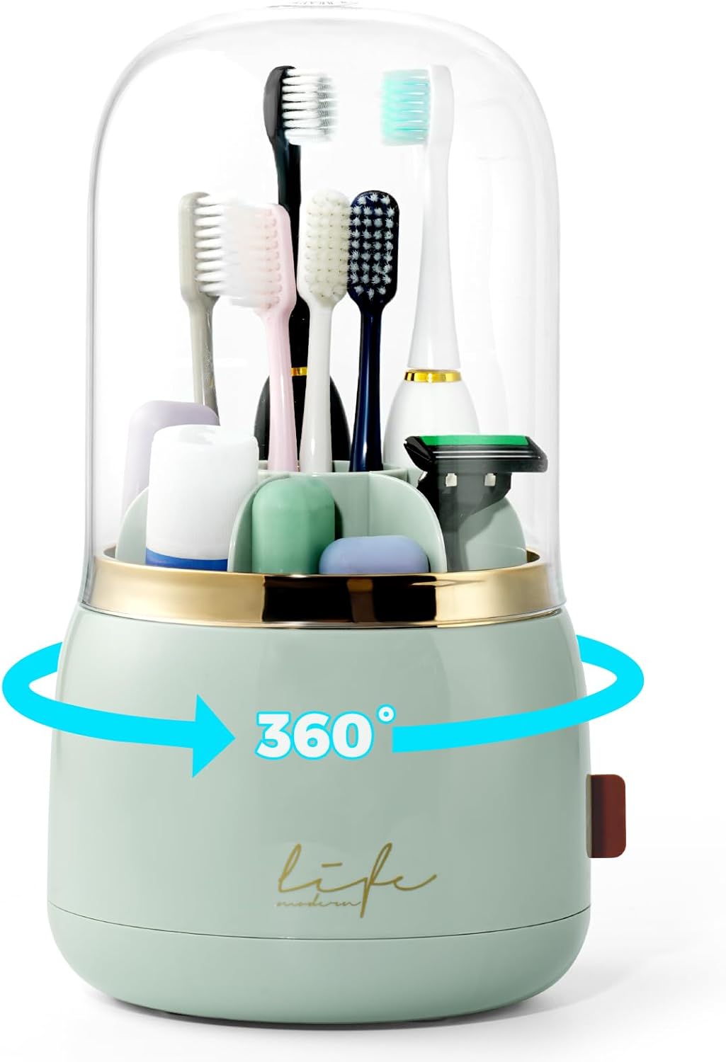 Toothbrush Holders for Bathrooms, Rotating 7 Slots Toothbrush Holder with Cover, Kids Electric Toothbrush and Toothpaste Holders for Caddy for Bathroom Vanity, Sink, Countertop, Light Green