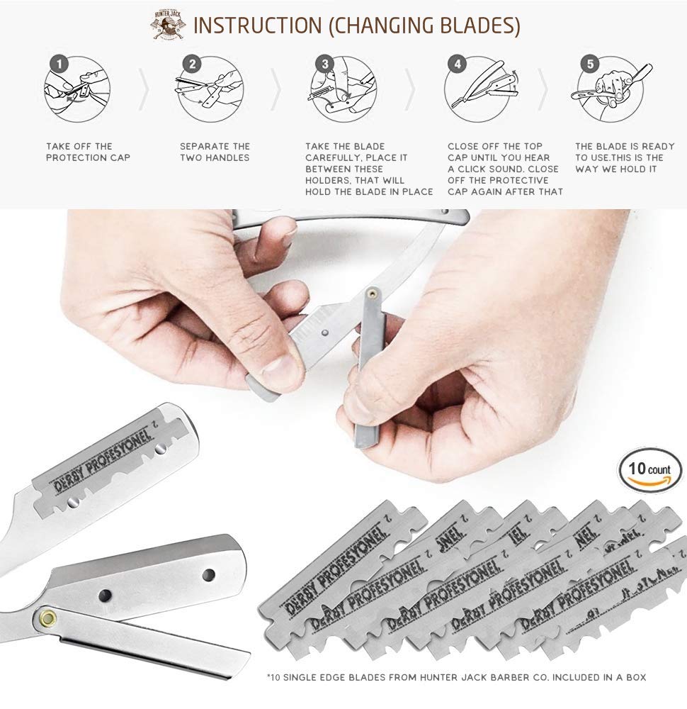 Straight Razor Kit - Complete Straight Razors for Men Kit with Beard Scissors & Metal Comb - Barber Razor for Men - 10 Extra Straight Edge Razor Blades for Shaving - Premium Polished Stainless Steel