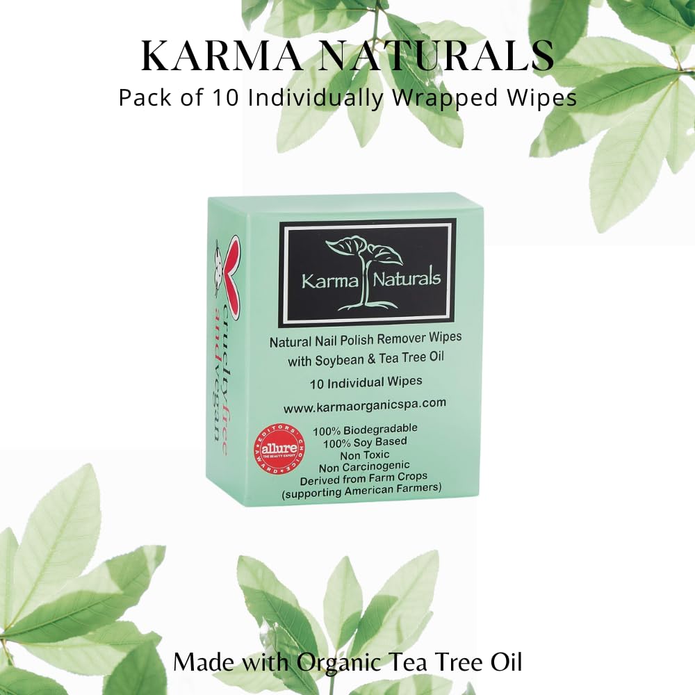 Karma Organic Natural Nail Polish Remover Wipes with Soybean and Tea Tree Oil, 100% Soy Based, Non-Toxic, Vegan, Cruelty-Free – Pack of 10