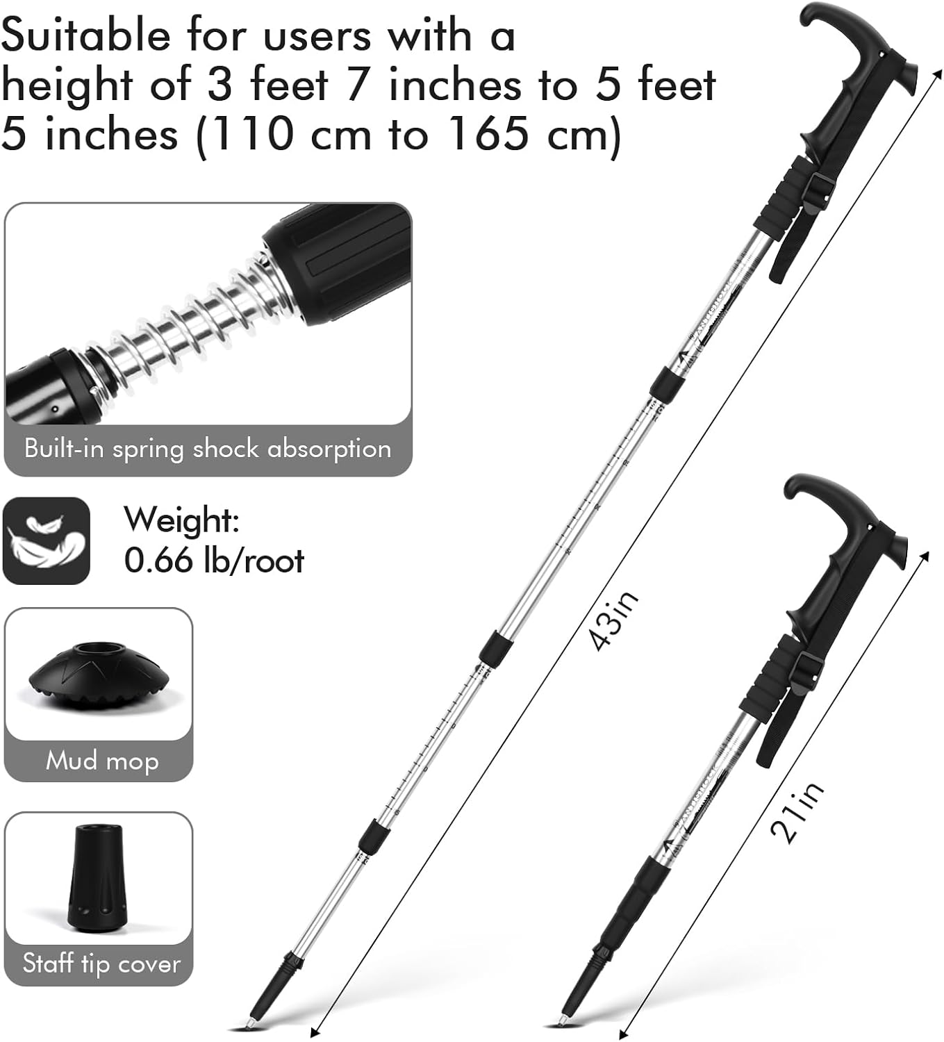 Telescopic Walking Cane 43 Inch with Anti-Shock & T-Grip Handle - 7075 Aluminum Quick Lock Trekking Pole, Ultralight for Hiking, Camping, Mountaineering