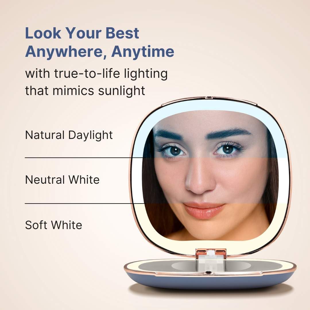 Fancii Mila 2 LED Lighted Compact Makeup Mirror, Rechargeable, 10x /1x Magnifying, Tru-Glow Light System, Vegan Leather, Small Travel Mirror for Purses (Harbor Blue)