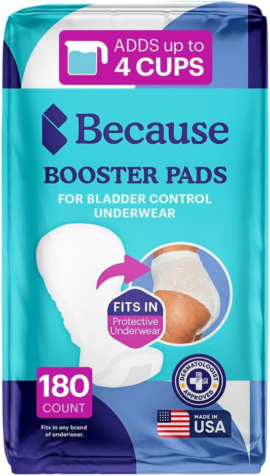 Because Overnight Incontinence Booster Pads for Men and Women, Adds 4 Cups Extra Absorbency to Adult Diapers, Super Soft, Adhesive Strip Backing, Unisex, 180 Count (9 Packs of 20) (Packaging May Vary)