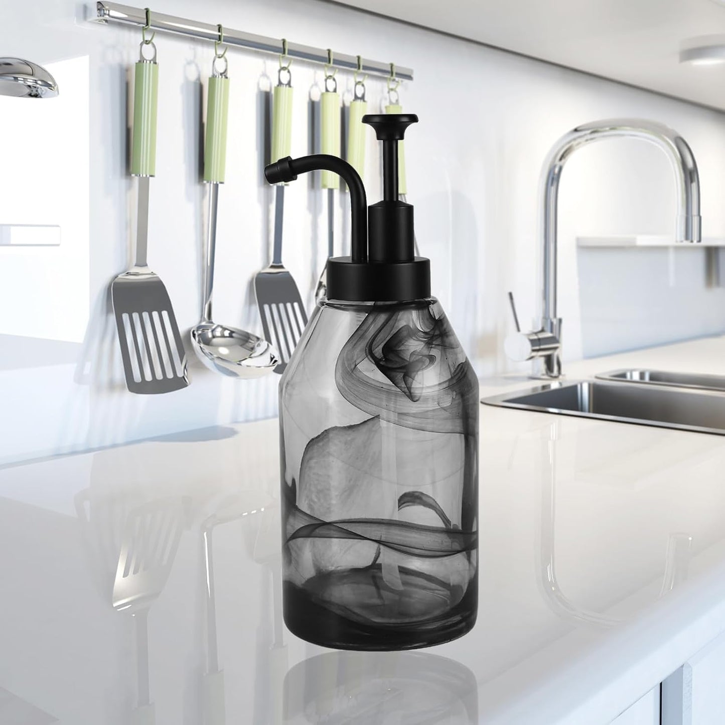 Glass Soap Dispenser for Kitchen and Bathroom Counter, 12.5 Oz Unique 3D Black Smog Thick Glass Hand Soap Bottle with Smooth Action Rust-Free ABS Pump, Kitchen Dish Soap Dispenser (Black)