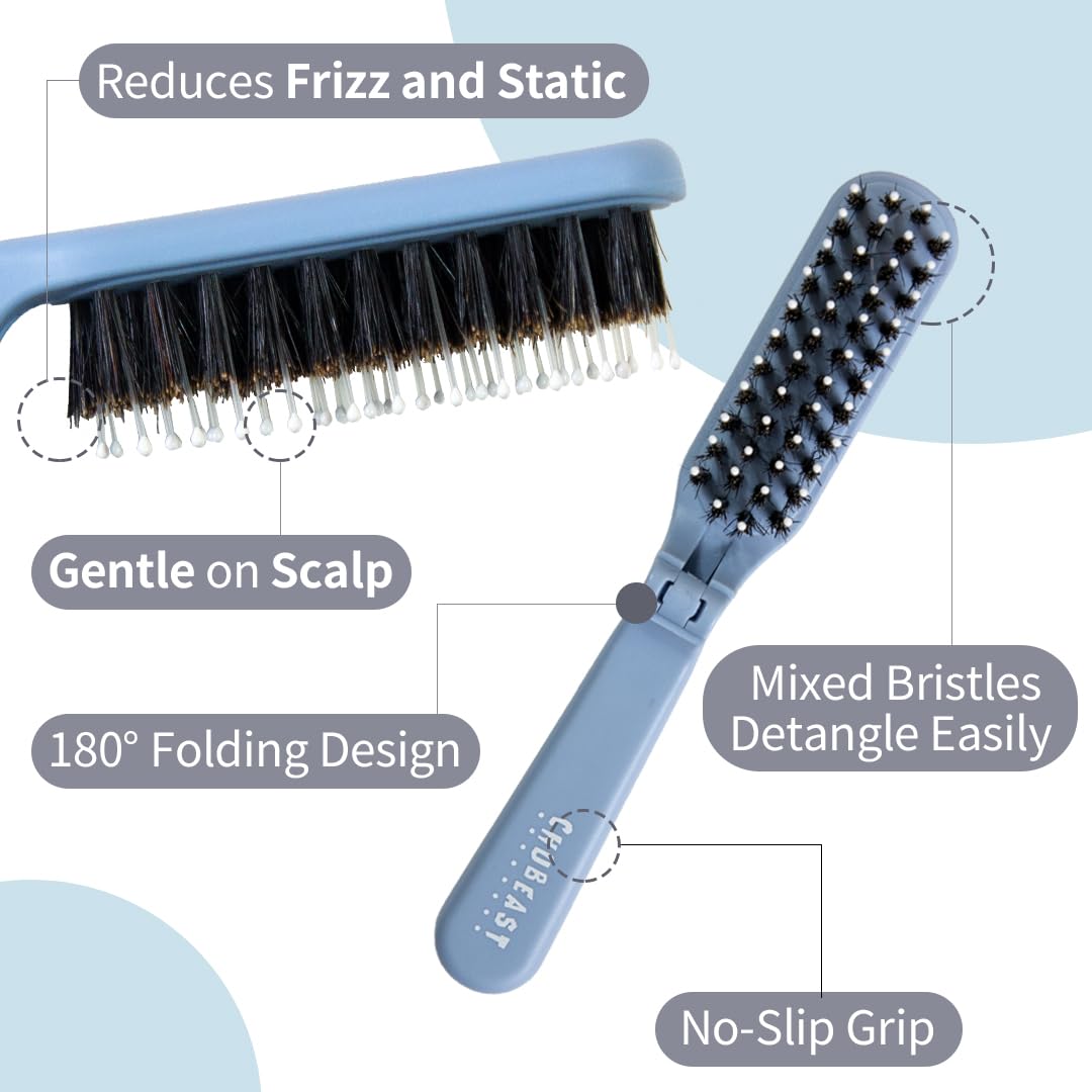 Uffy MiniPop Travel Hair Brush – Mini Folding Boar Bristles for Women, Men & Kids | Kid-Friendly Portable Purse Brush for Wet & Dry Hair, Curly or Straight | Pocket-Size Detangler – Lavender