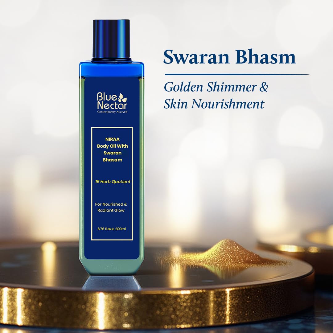 Blue Nectar Body Oil with Swaran Bhasam for Glowing Skin | Ayurvedic Body Oil for Dry Skin | Nourishing Oil with Gold & Shimmer (16 Herbs, 6.76 Fl Oz)