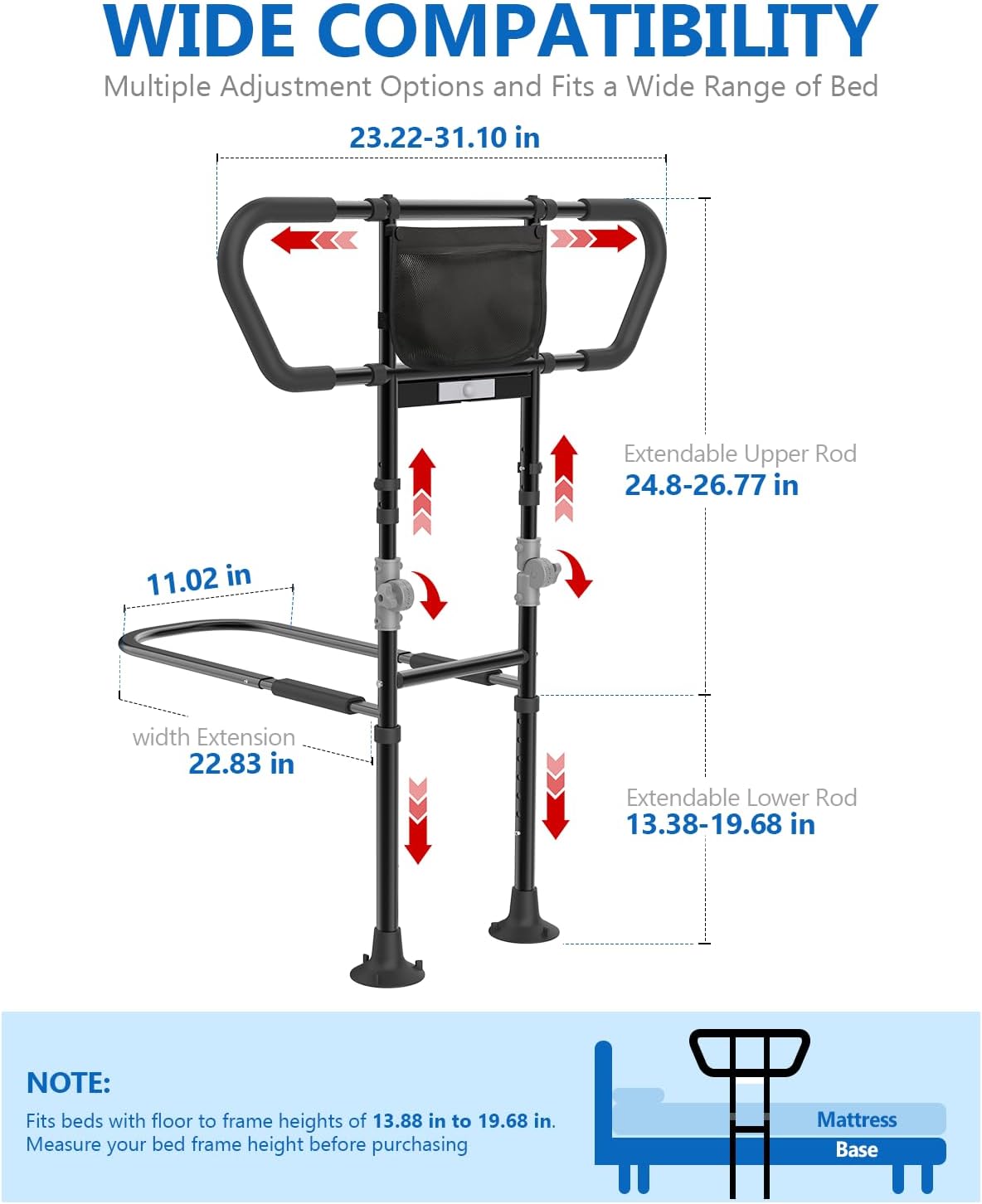 Bed Rails for Elderly Adults Seniors Adjustable Height Foldable Safety Rail with 400 Lbs Capacity Non-Slip Handle, Night Light, Fall Prevention Grab Bar for King Queen Full Twin Beds Black