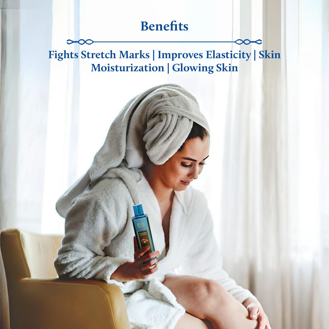 Blue Nectar Saffron & Almond Oil, Ayurveda Product for Crepey Skin | Skin Firming Body Oil for Stretch Marks (12 Herbs, 6.76 Fl Oz)