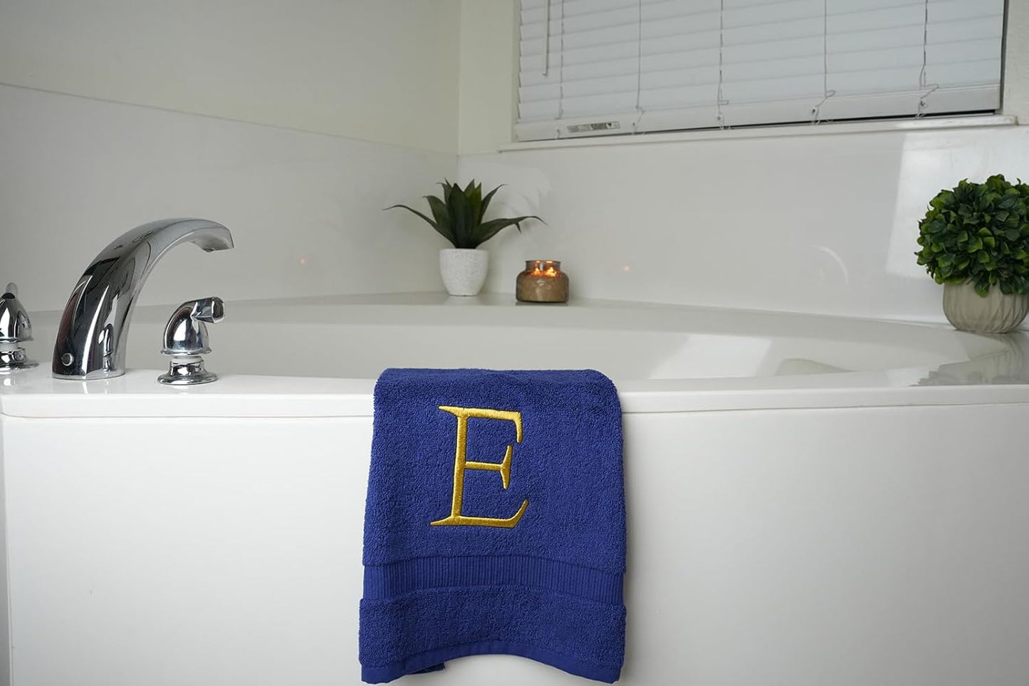 Navy Monogram Hand Towel for Bathroom - Monogrammed Initial Hotel Quality Decorative Embroidered Luxury Towel for Powder Room, Spa - GOTS Organic Certified - Set of 2 Letter E