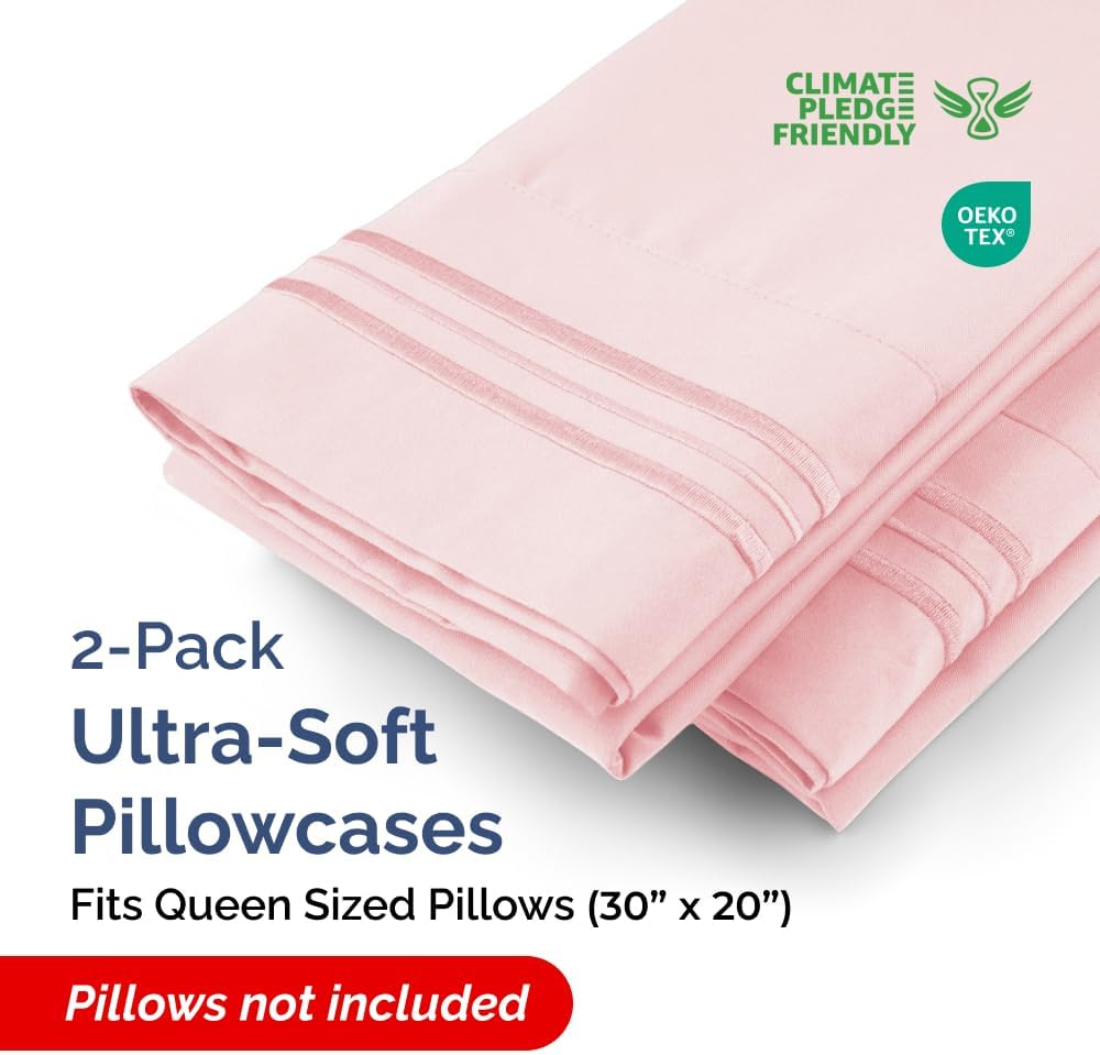 Queen Pillow Cases Set of 2 - Ultra Soft Hotel Quality Pillowcase Covers - Comfy, Cozy & Wrinkle Free - Shrinkage, Stain & Fade Resistant - Machine Washable Pillow Protectors - 2 Piece Set - Baby Pink