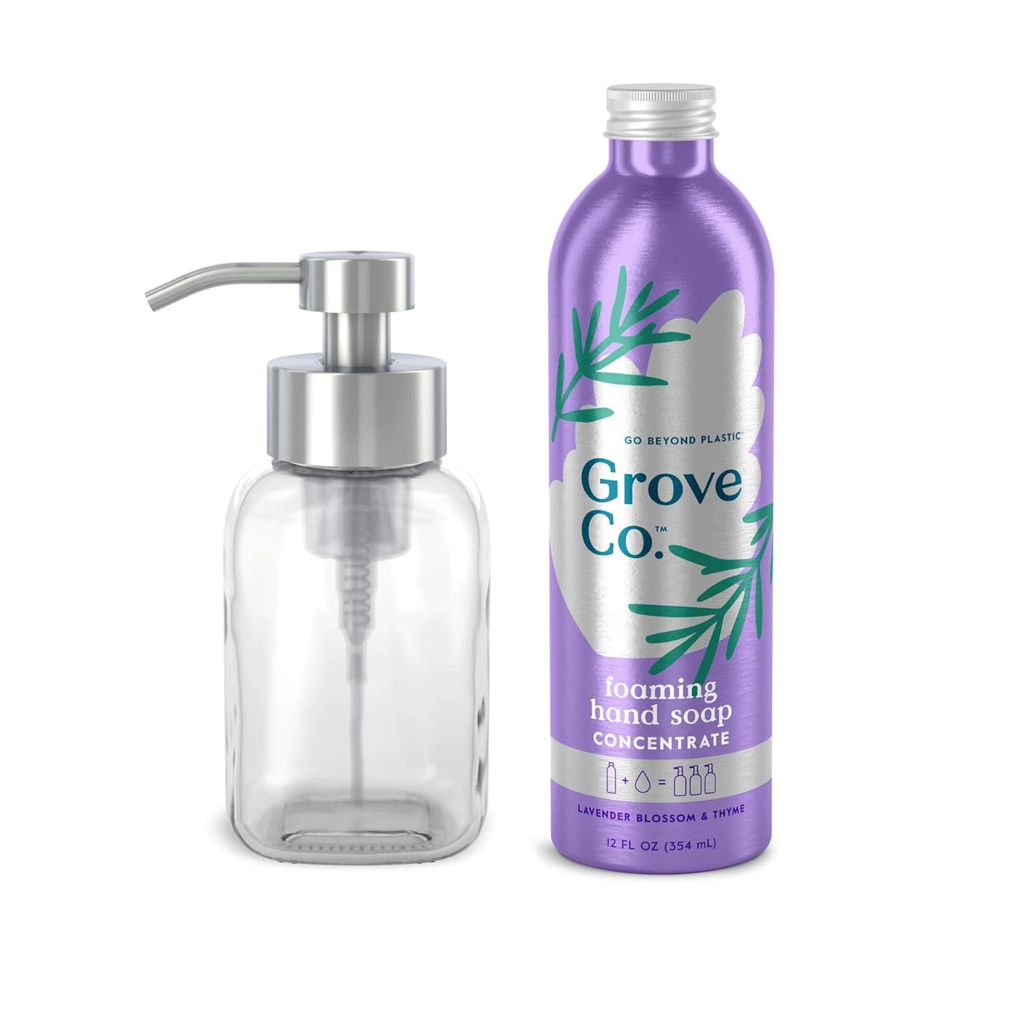 Grove Co. Foaming Hand Soap Concentrate (12 Fl Oz) + Reuseable Glass Soap Dispenser, Plastic Free and Liquid Refillable Starter Kit, Natural Lavender Blossom & Thyme Fragrance