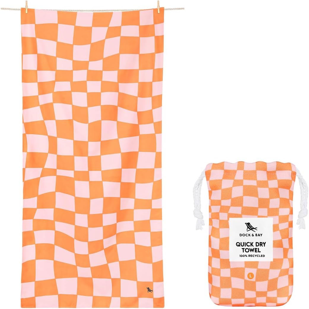 Dock & Bay Beach Towel - Quick Dry, Sand Free - Compact, Lightweight - 100% Recycled - Includes Bag - Groovy Check - Large (160x90cm, 63x35)